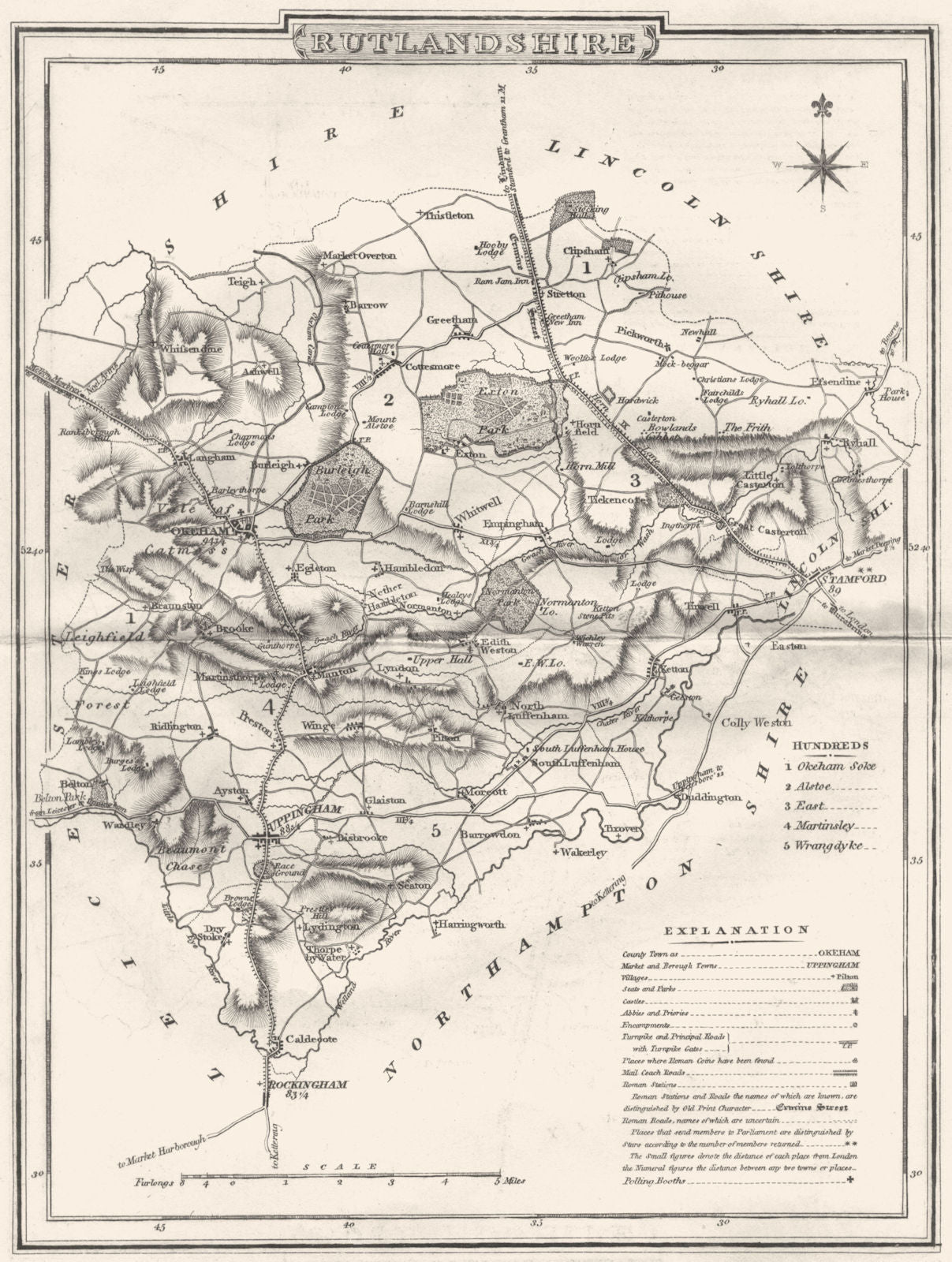 RUTLANDSHIRE. County map. Polling places. Coach roads. DUGDALE 1845 old